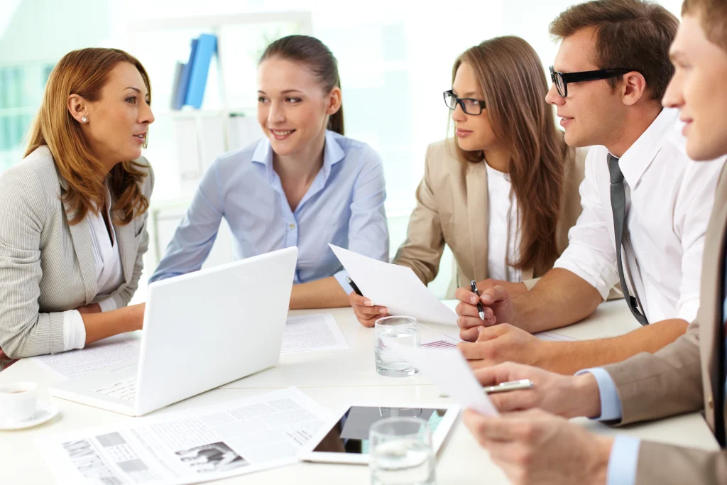 cheerful co workers office company meeting